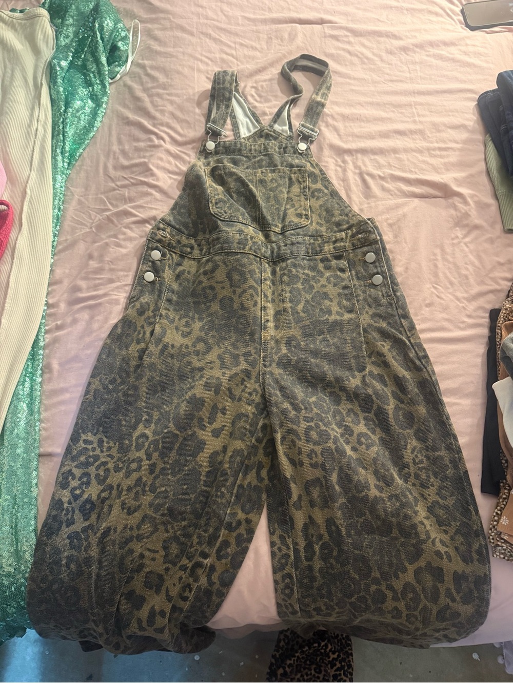Leopard Print Women's Denim Overalls - Olive/Black